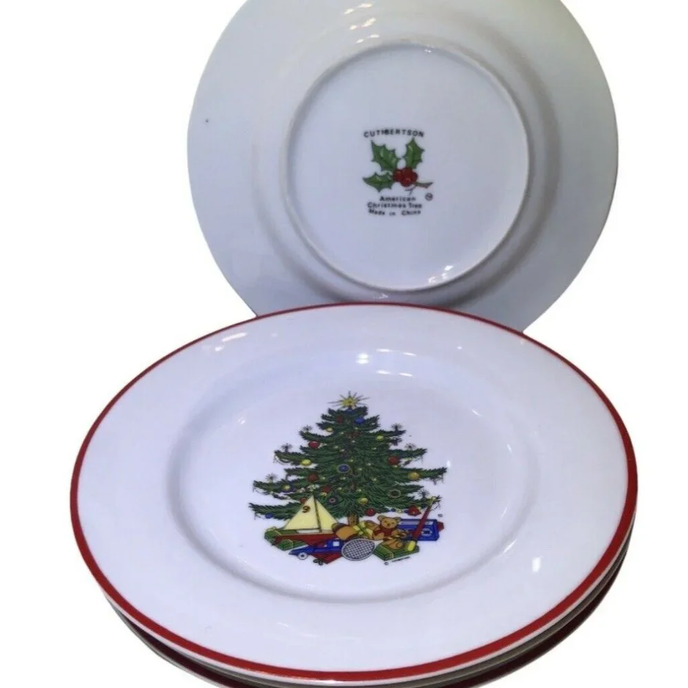VTG Cuthbertson Set Of 4 Red Rim 6.5” “American Christmas Tree” Bread‎ Plates